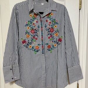 Striped Button-Down Shirt with Colorful Floral Embroidery